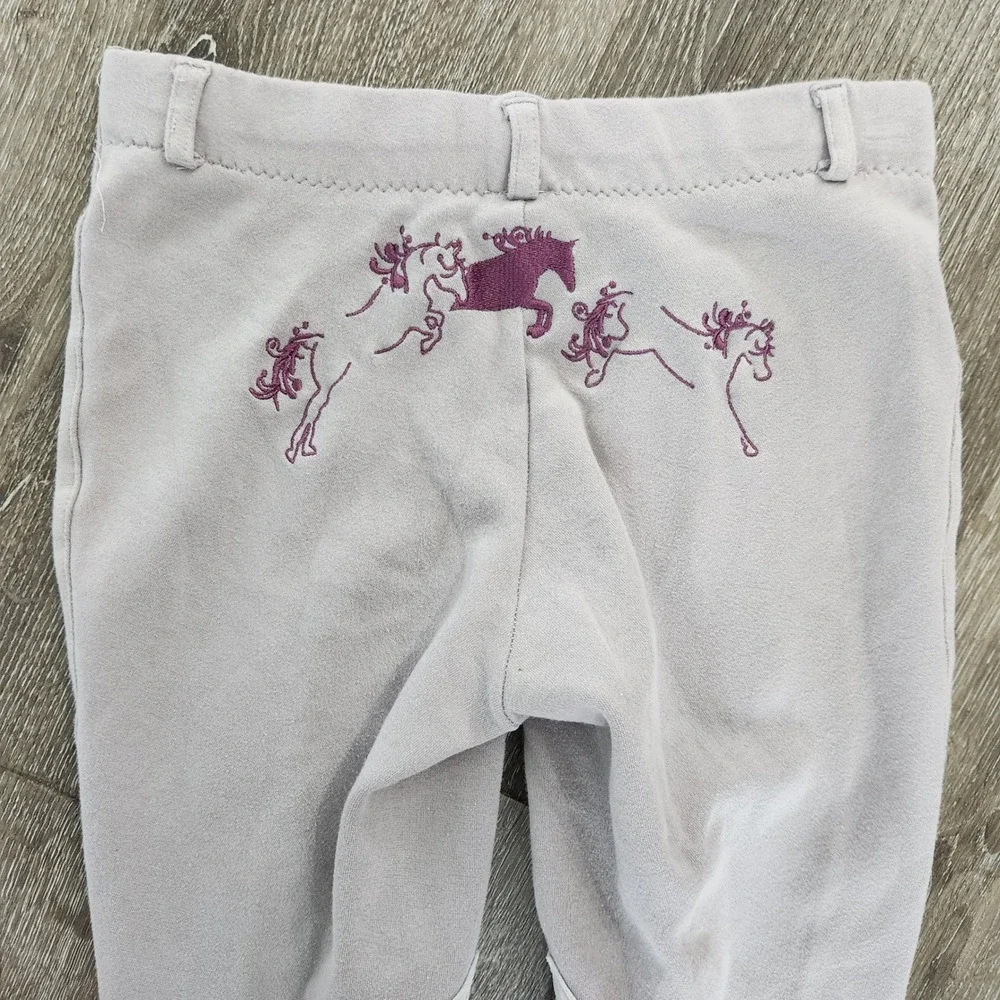 Whimsical Horse Embroidered Kids Jodhpurs Lilac Gray Equestrian Breeches Size 16